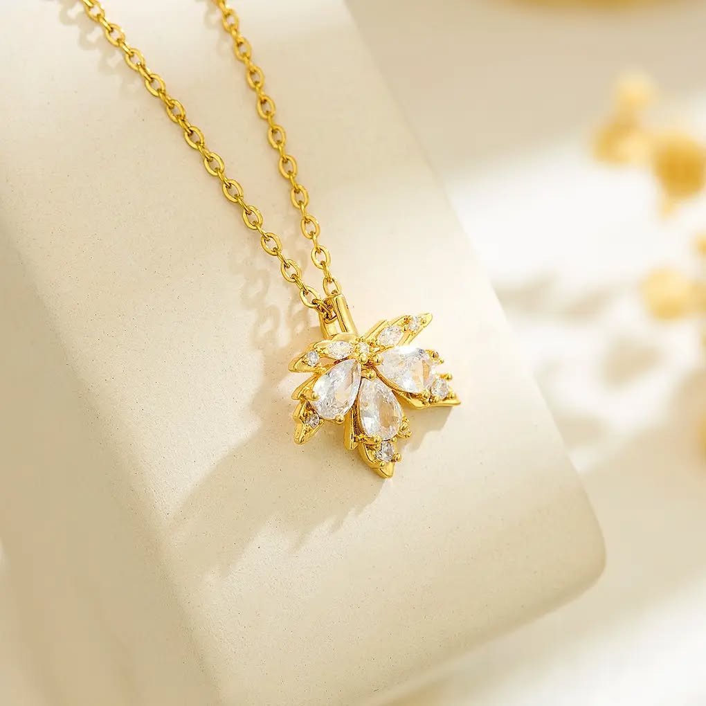 Creative Titanium Steel Necklace Earring Set Luxury Maple Leaf Full Diamond Personality Versatile Non-fading Earring Jewelry